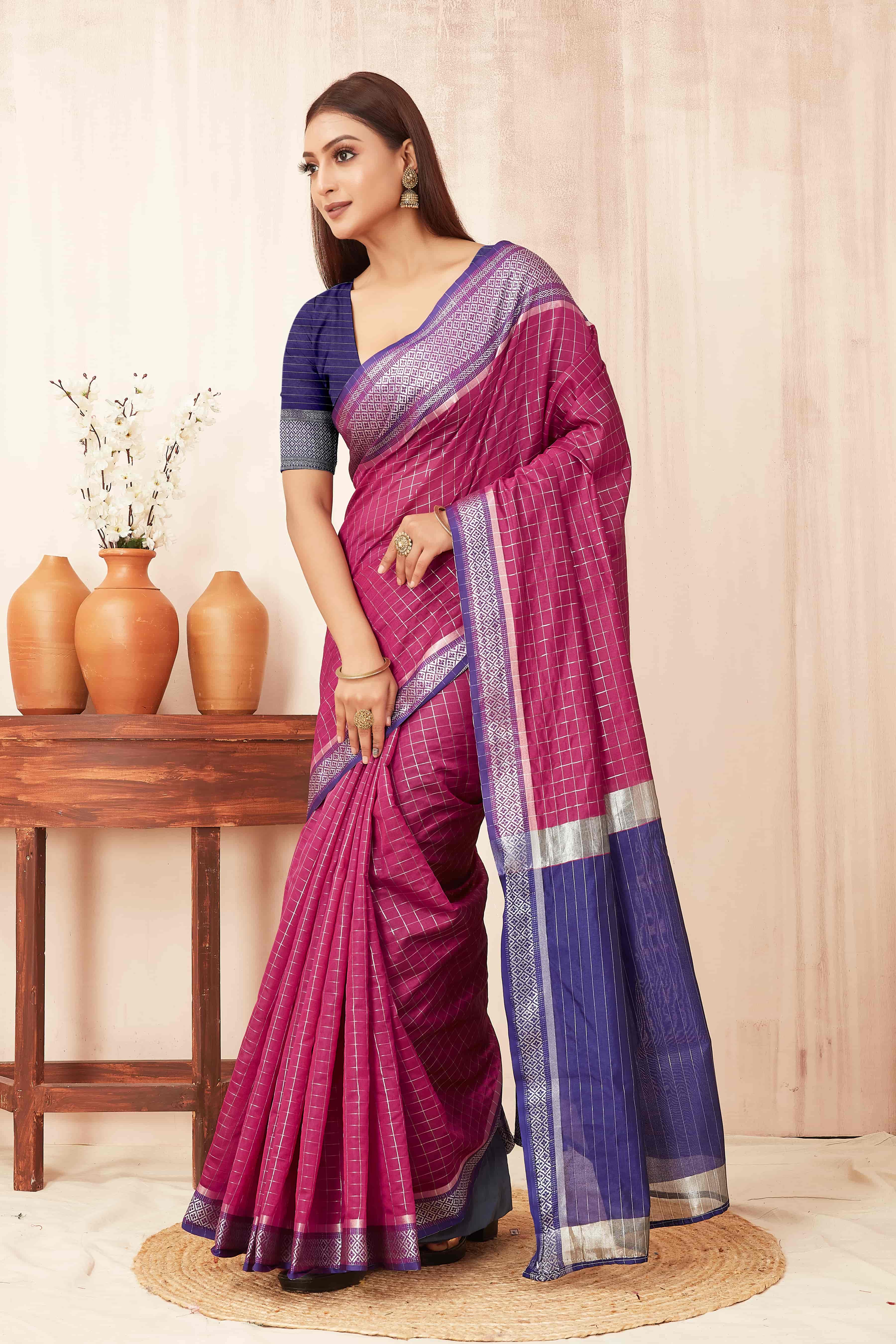 Hiral Fashion Pink Banarasi Soft Silk Checks Zari Woven Saree | Grocsy