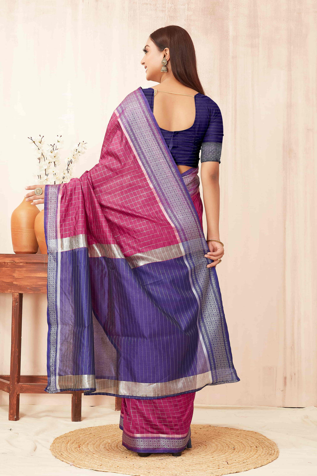 Hiral Fashion Pink Banarasi Soft Silk Checks Zari Woven Saree | Grocsy