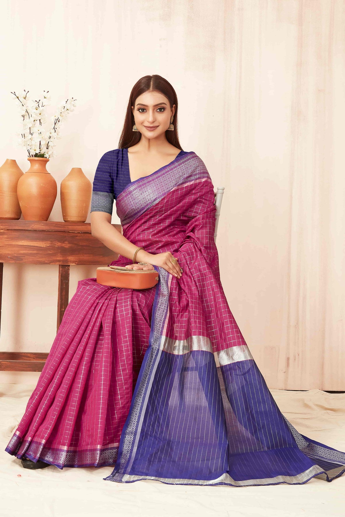 Hiral Fashion Pink Banarasi Soft Silk Checks Zari Woven Saree | Grocsy