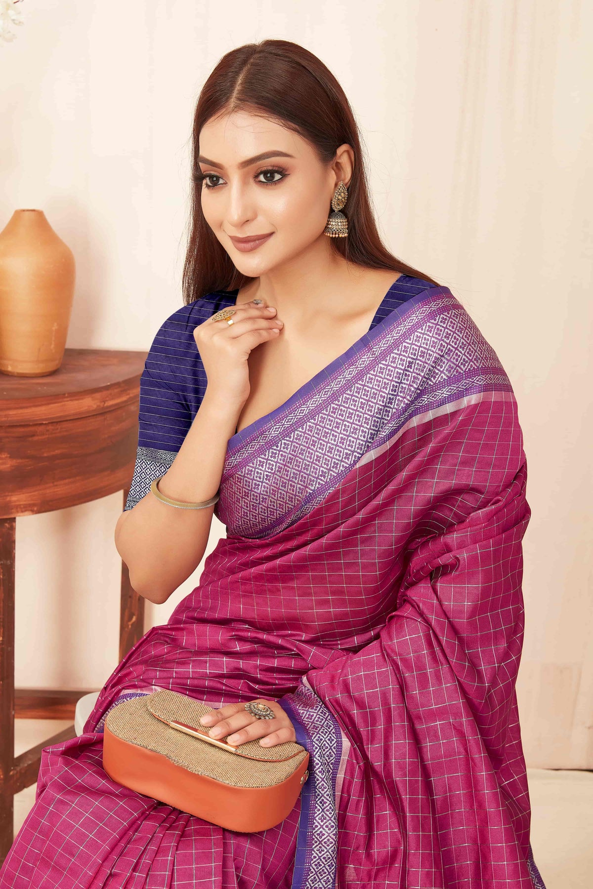 Hiral Fashion Pink Banarasi Soft Silk Checks Zari Woven Saree | Grocsy