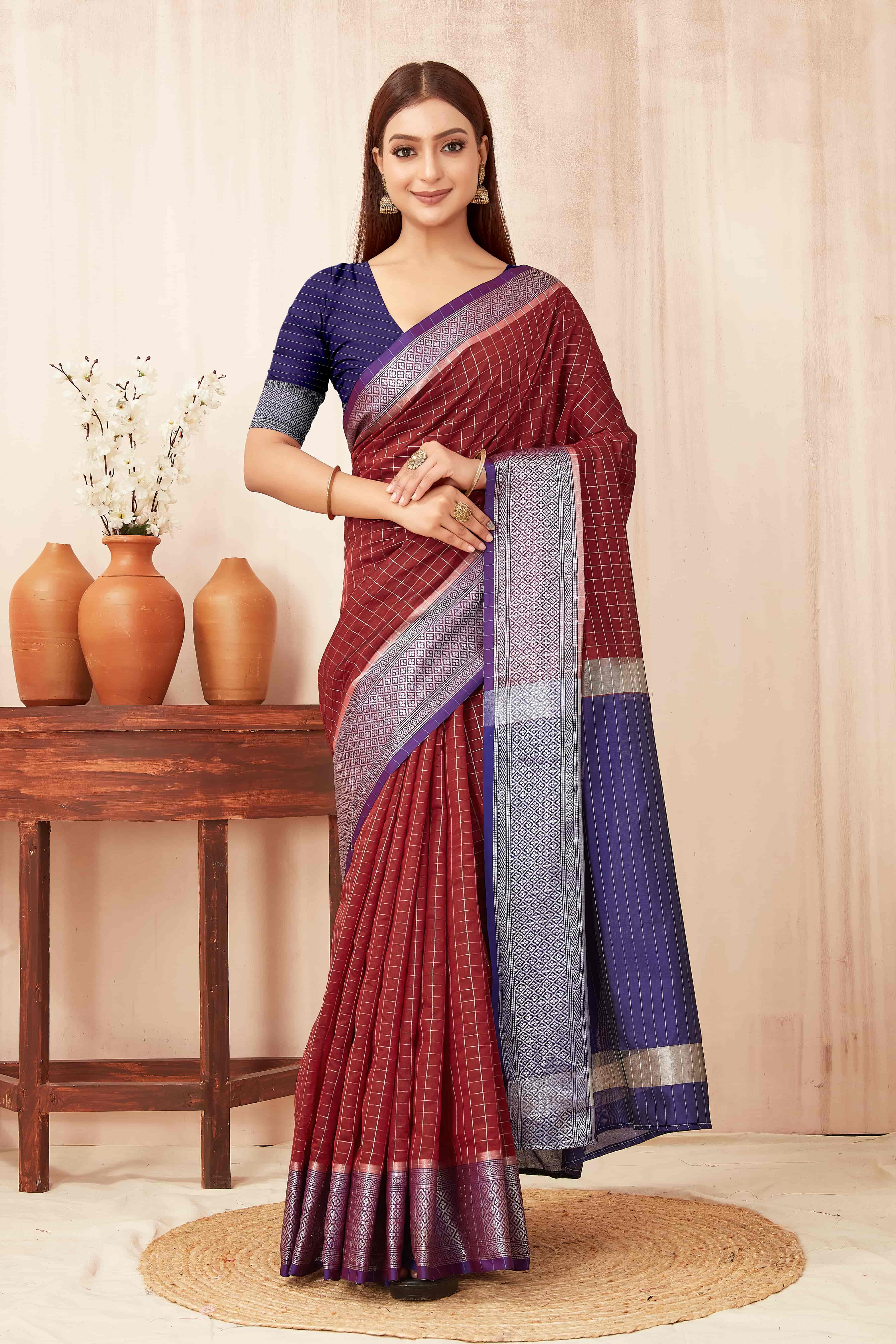 Hiral Fashion Red Banarasi Soft Silk Checks Zari Woven Saree | Grocsy