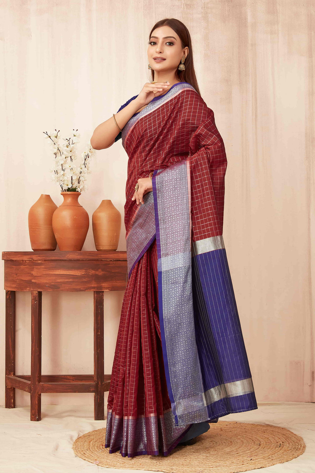 Hiral Fashion Red Banarasi Soft Silk Checks Zari Woven Saree | Grocsy