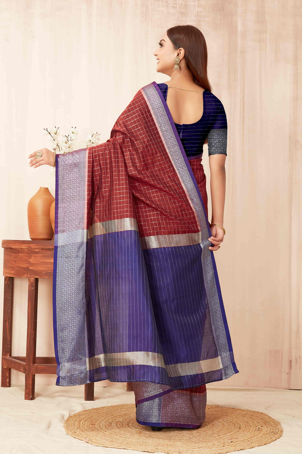 Hiral Fashion Red Banarasi Soft Silk Checks Zari Woven Saree | Grocsy