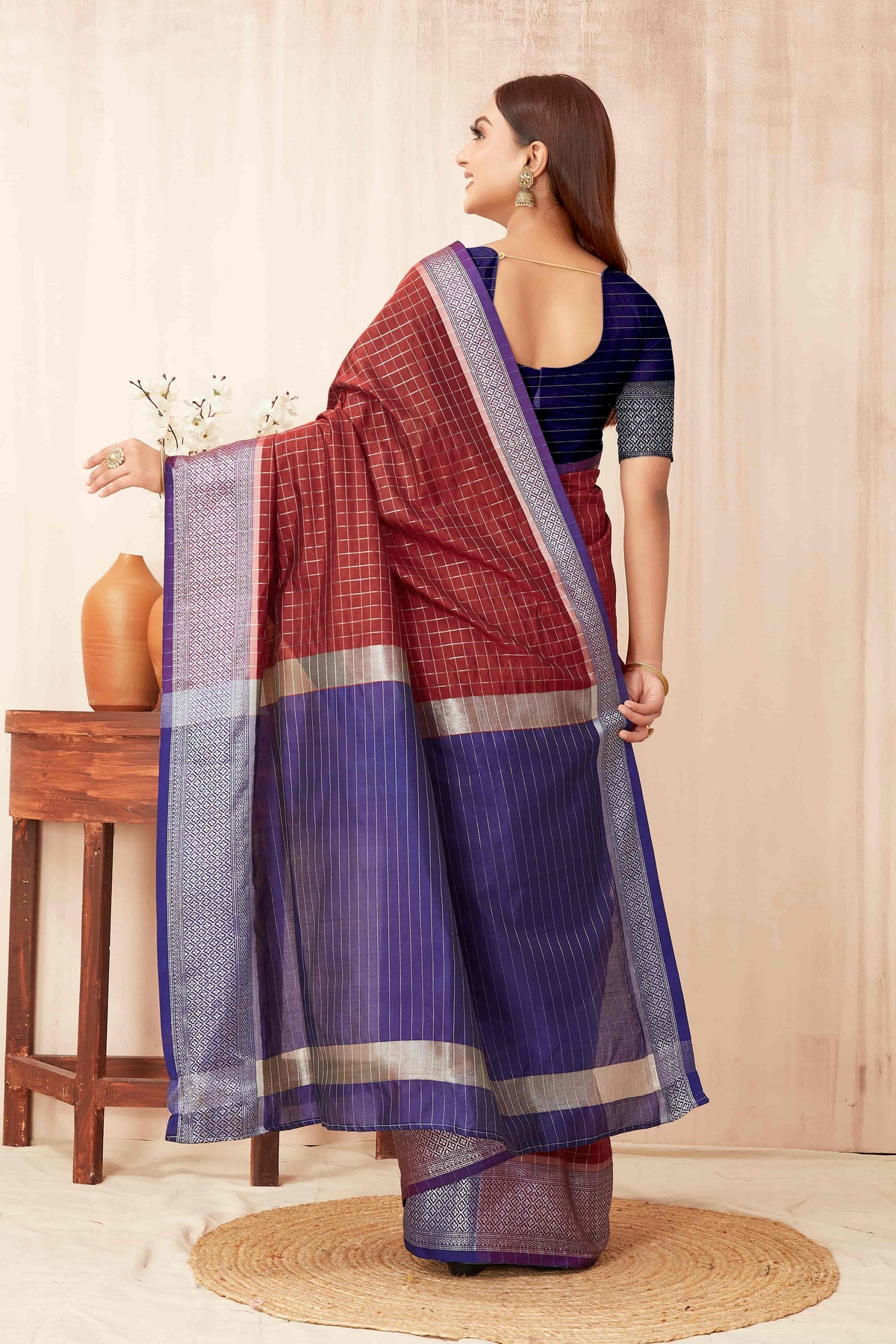 Hiral Fashion Red Banarasi Soft Silk Checks Zari Woven Saree | Grocsy