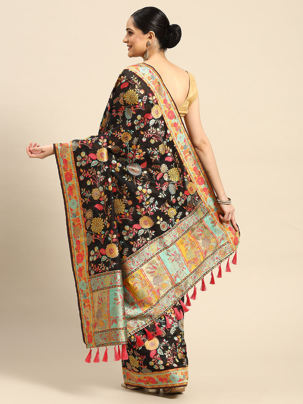 Black Cotton Blend Woven Thread Floral Saree with Unstitched Blouse - Hiral Fashion | Grocsy