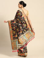 Black Cotton Blend Woven Thread Floral Saree with Unstitched Blouse - Hiral Fashion | Grocsy