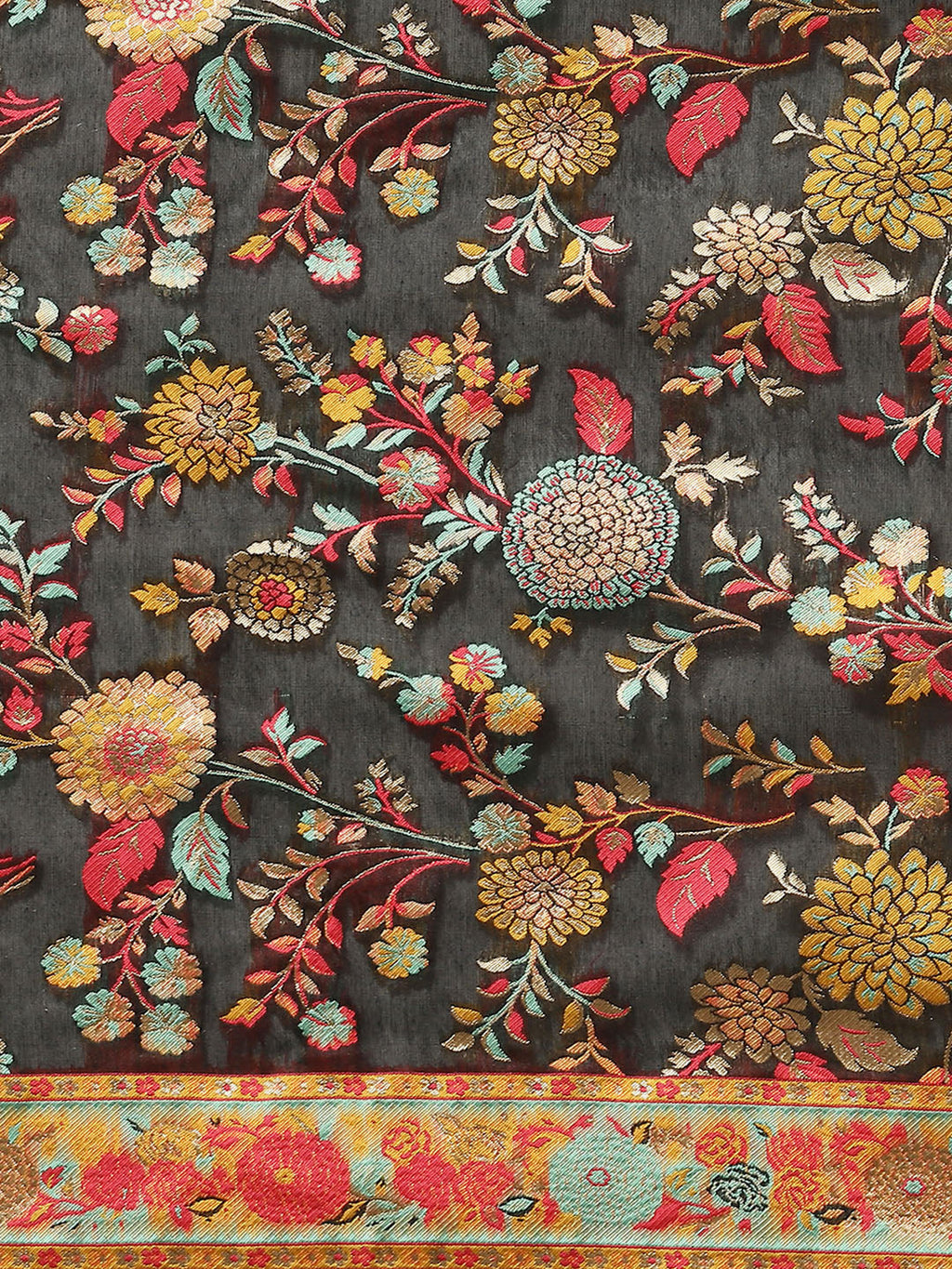 Black Cotton Blend Woven Thread Floral Saree with Unstitched Blouse - Hiral Fashion | Grocsy