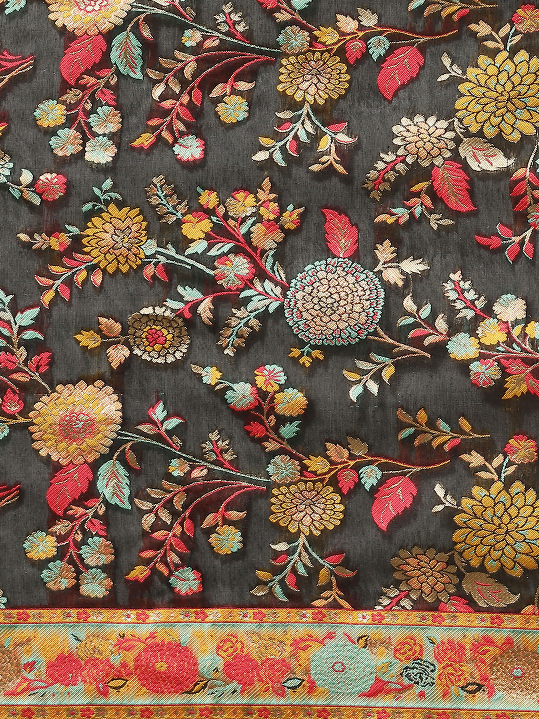 Black Cotton Blend Woven Thread Floral Saree with Unstitched Blouse - Hiral Fashion | Grocsy