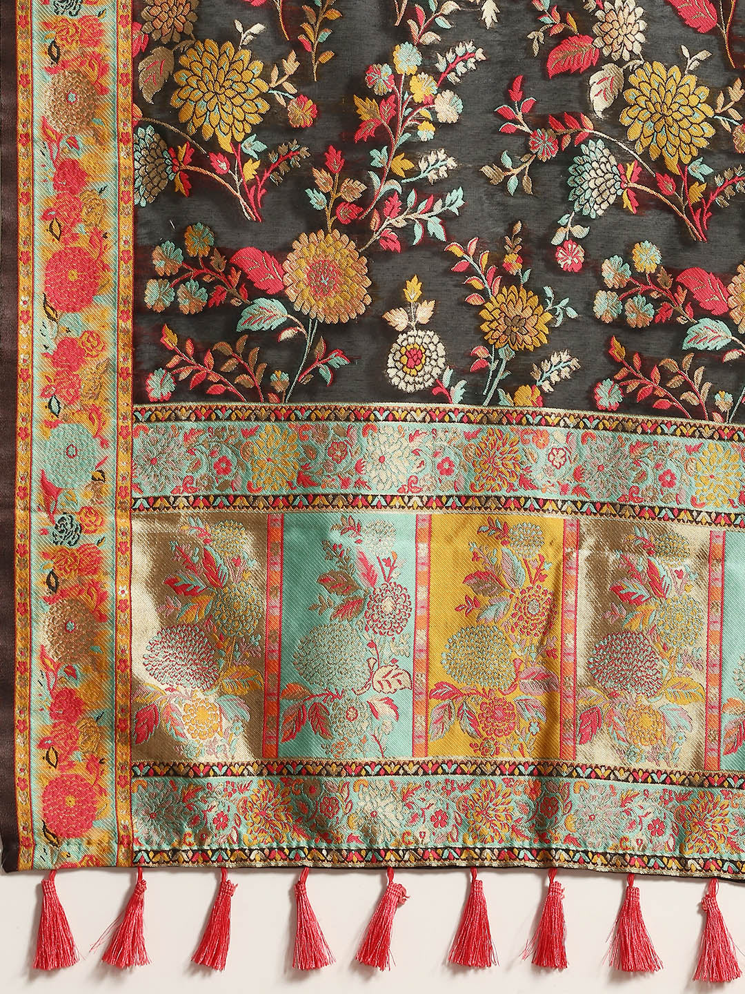Black Cotton Blend Woven Thread Floral Saree with Unstitched Blouse - Hiral Fashion | Grocsy