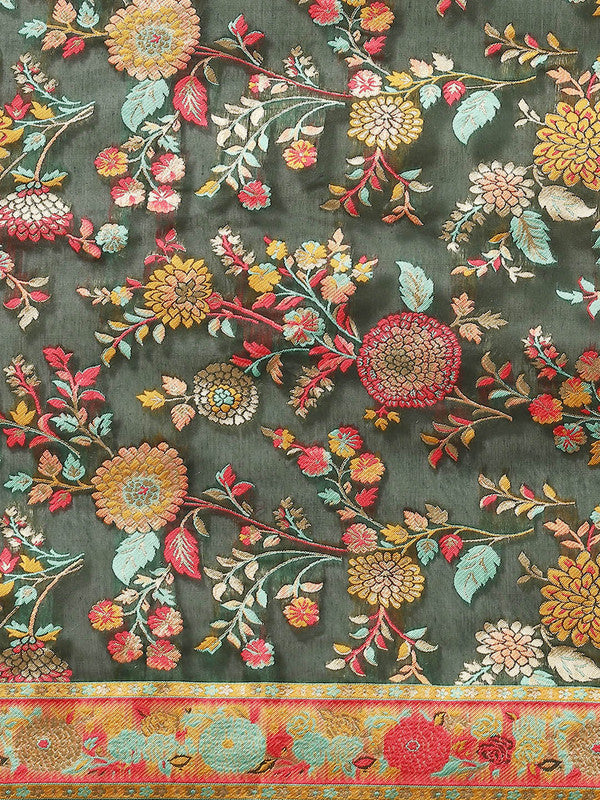 Green Cotton Blend Woven Thread Floral Saree with Unstitched Blouse - Hiral Fashion | Grocsy