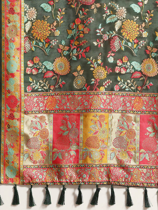 Green Cotton Blend Woven Thread Floral Saree with Unstitched Blouse - Hiral Fashion | Grocsy