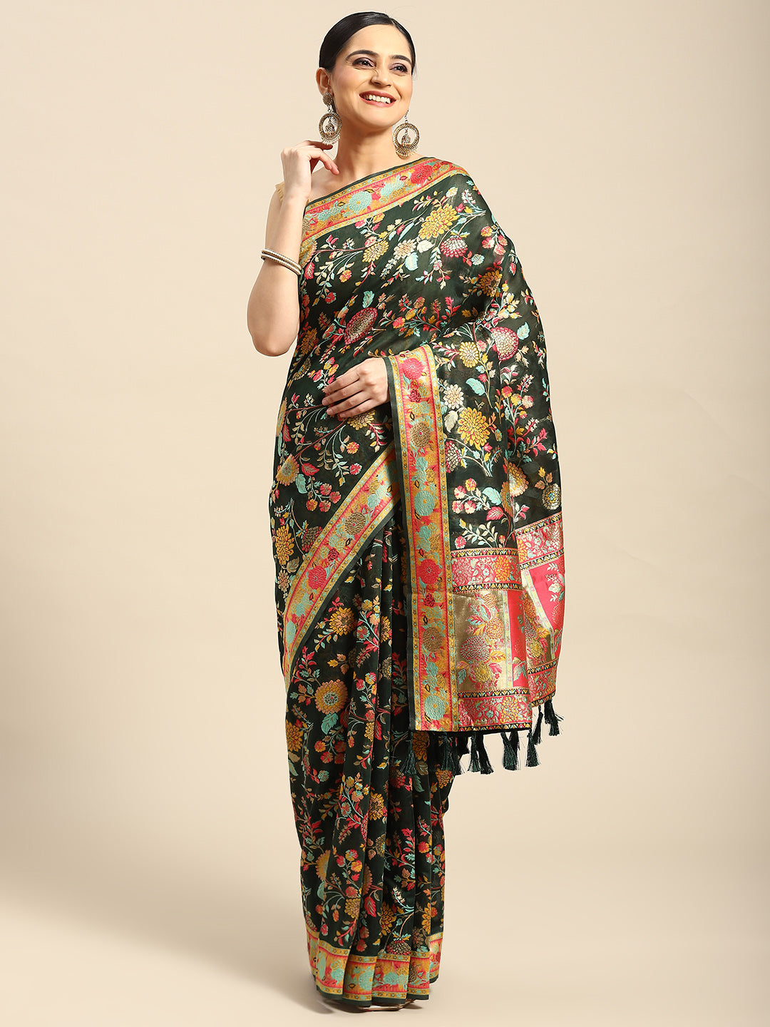 Green Cotton Blend Woven Thread Floral Saree with Unstitched Blouse - Hiral Fashion | Grocsy