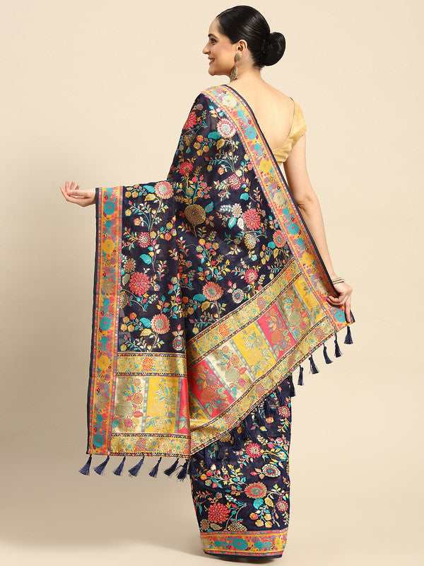 Navy Blue Cotton Blend Woven Thread Floral Saree with Unstitched Blouse - Hiral Fashion | Grocsy