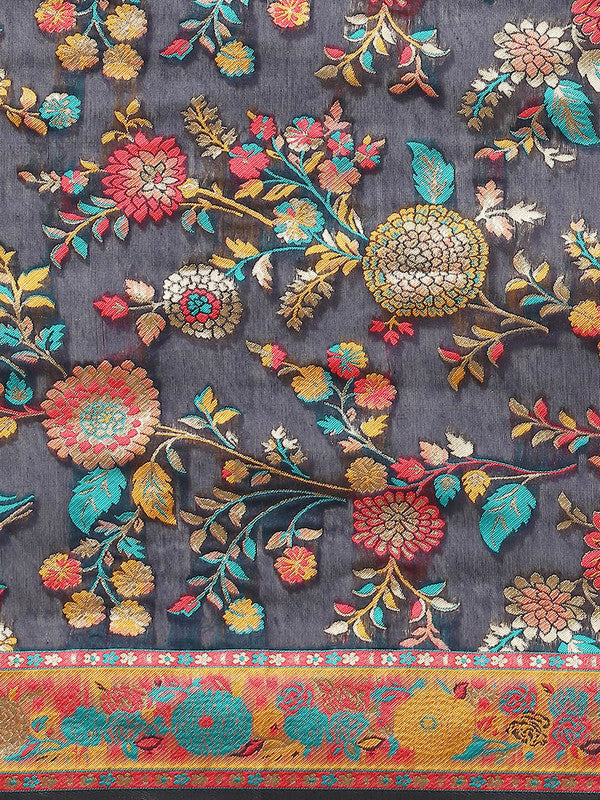 Navy Blue Cotton Blend Woven Thread Floral Saree with Unstitched Blouse - Hiral Fashion | Grocsy
