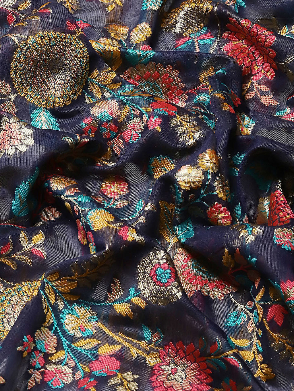 Navy Blue Cotton Blend Woven Thread Floral Saree with Unstitched Blouse - Hiral Fashion | Grocsy