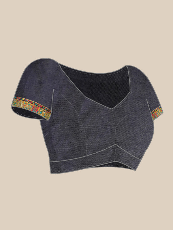 Navy Blue Cotton Blend Woven Thread Floral Saree with Unstitched Blouse - Hiral Fashion | Grocsy