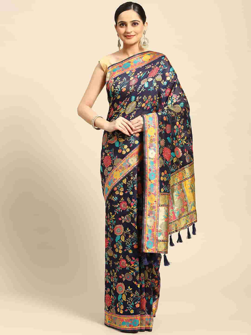 Navy Blue Cotton Blend Woven Thread Floral Saree with Unstitched Blouse - Hiral Fashion | Grocsy