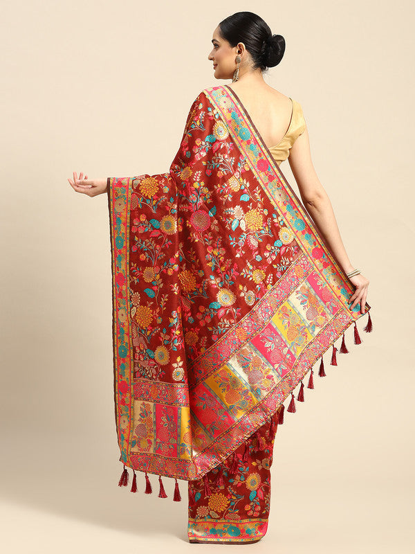 Red Cotton Blend Woven Thread Floral Saree with Unstitched Blouse - Hiral Fashion | Grocsy