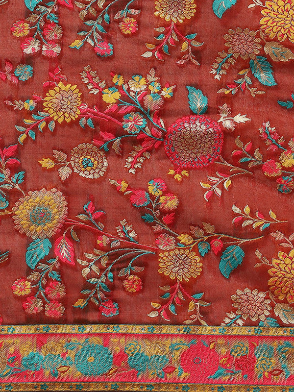 Red Cotton Blend Woven Thread Floral Saree with Unstitched Blouse - Hiral Fashion | Grocsy