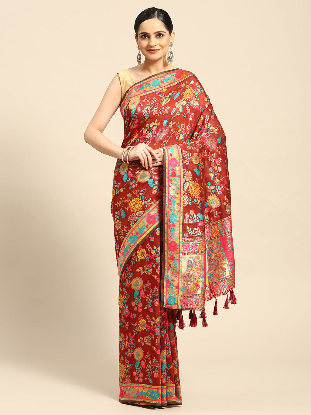 Red Cotton Blend Woven Thread Floral Saree with Unstitched Blouse - Hiral Fashion | Grocsy