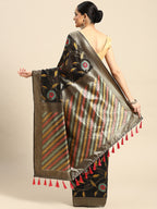 Black Cotton Blend Woven Thread Floral Saree with Unstitched Blouse - Hiral Fashion | Grocsy