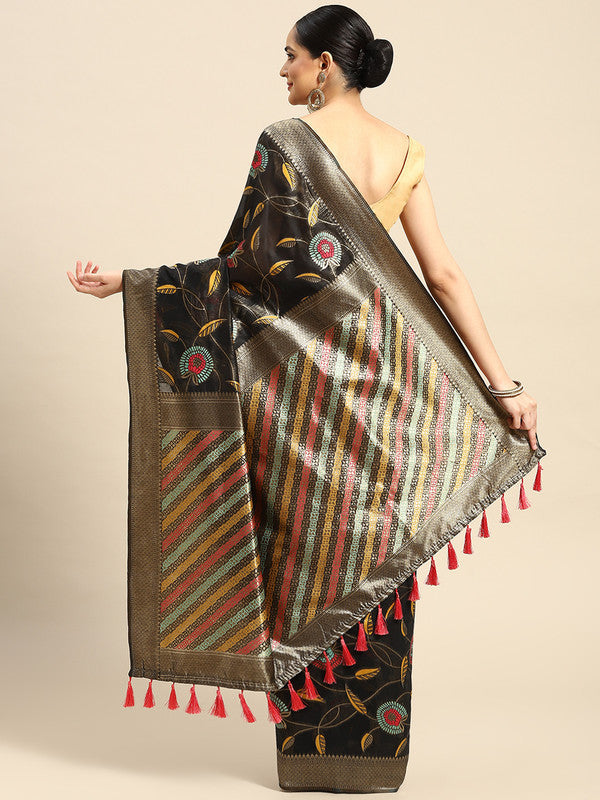 Black Cotton Blend Woven Thread Floral Saree with Unstitched Blouse - Hiral Fashion | Grocsy