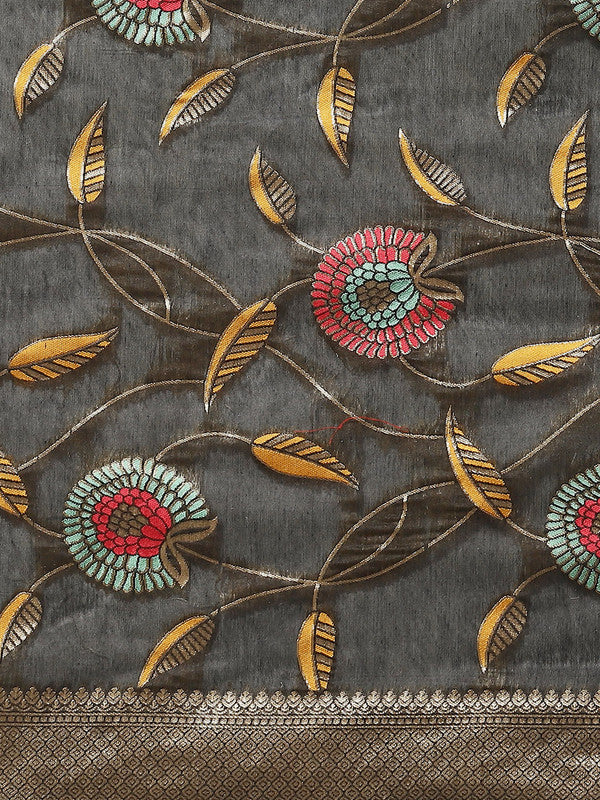 Black Cotton Blend Woven Thread Floral Saree with Unstitched Blouse - Hiral Fashion | Grocsy