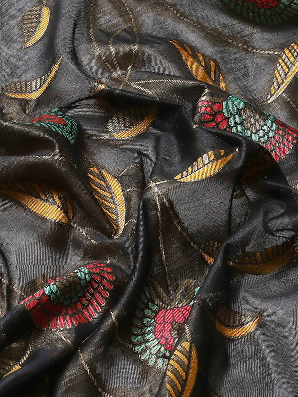 Black Cotton Blend Woven Thread Floral Saree with Unstitched Blouse - Hiral Fashion | Grocsy