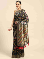 Black Cotton Blend Woven Thread Floral Saree with Unstitched Blouse - Hiral Fashion | Grocsy