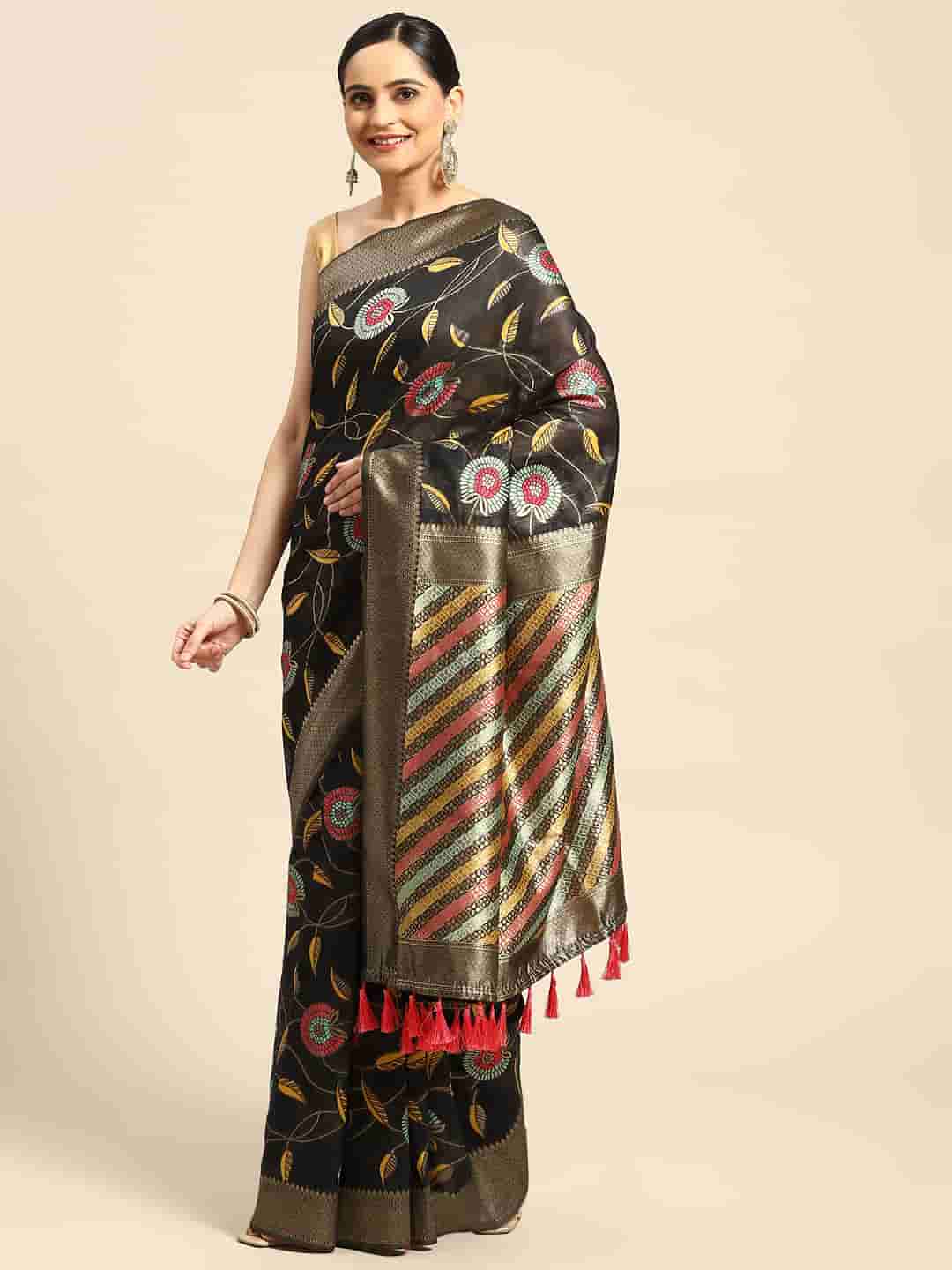 Black Cotton Blend Woven Thread Floral Saree with Unstitched Blouse - Hiral Fashion | Grocsy