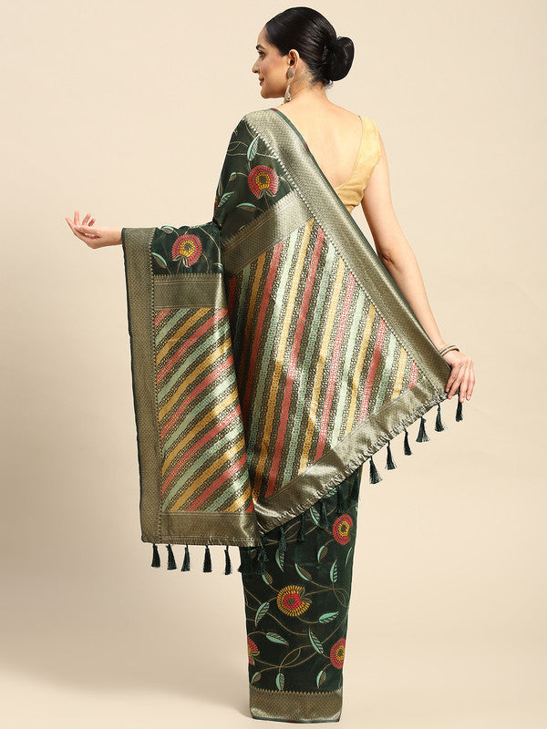 Green Cotton Blend Woven Thread Floral Saree with Unstitched Blouse - Hiral Fashion | Grocsy