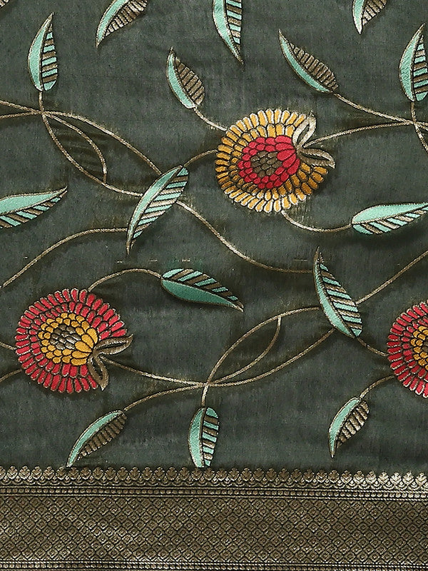 Green Cotton Blend Woven Thread Floral Saree with Unstitched Blouse - Hiral Fashion | Grocsy