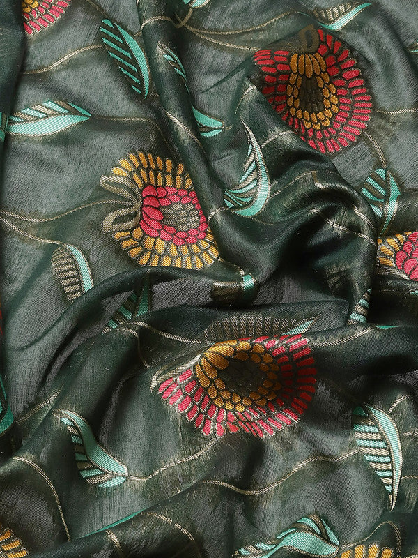 Green Cotton Blend Woven Thread Floral Saree with Unstitched Blouse - Hiral Fashion | Grocsy