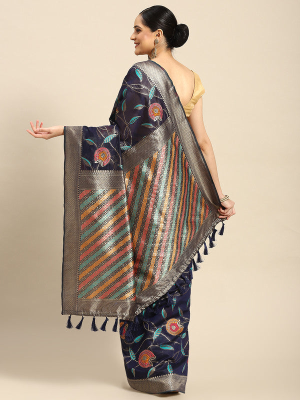Navy Blue Cotton Blend Woven Thread Floral Saree with Unstitched Blouse - Hiral Fashion | Grocsy
