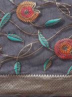 Navy Blue Cotton Blend Woven Thread Floral Saree with Unstitched Blouse - Hiral Fashion | Grocsy