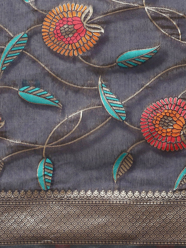 Navy Blue Cotton Blend Woven Thread Floral Saree with Unstitched Blouse - Hiral Fashion | Grocsy
