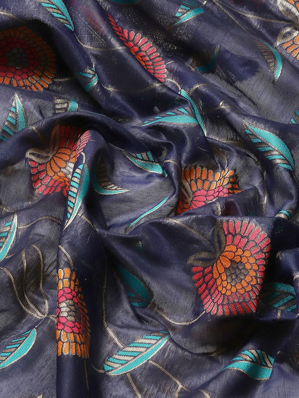 Navy Blue Cotton Blend Woven Thread Floral Saree with Unstitched Blouse - Hiral Fashion | Grocsy