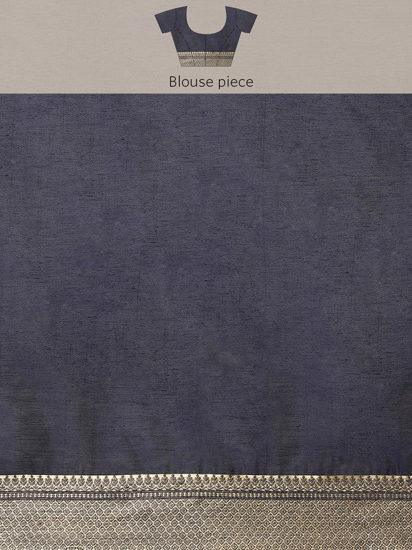 Navy Blue Cotton Blend Woven Thread Floral Saree with Unstitched Blouse - Hiral Fashion | Grocsy