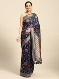 Navy Blue Cotton Blend Woven Thread Floral Saree with Unstitched Blouse - Hiral Fashion | Grocsy