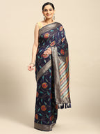 Navy Blue Cotton Blend Woven Thread Floral Saree with Unstitched Blouse - Hiral Fashion | Grocsy