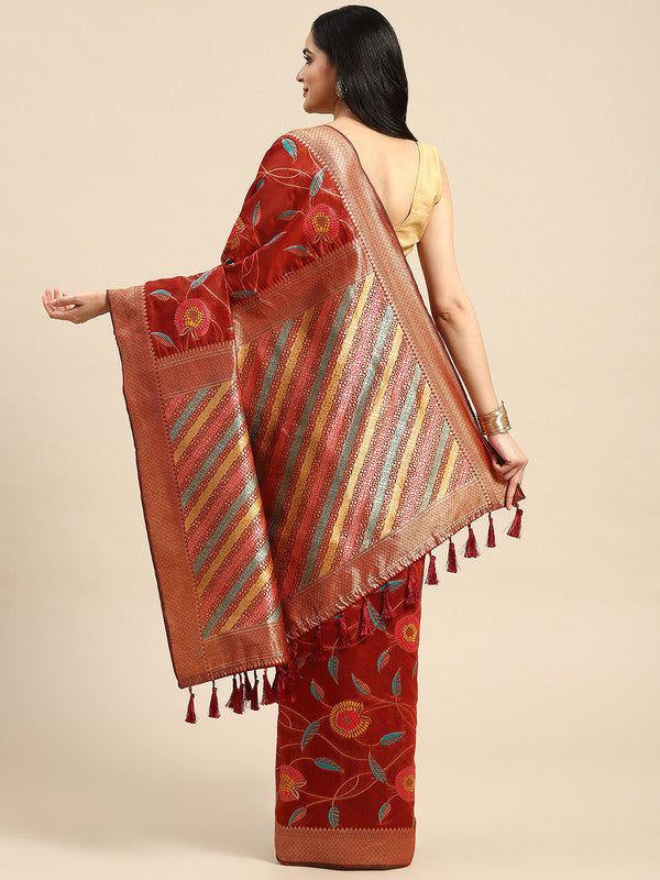Red Cotton Blend Woven Thread Floral Saree with Unstitched Blouse - Hiral Fashion | Grocsy