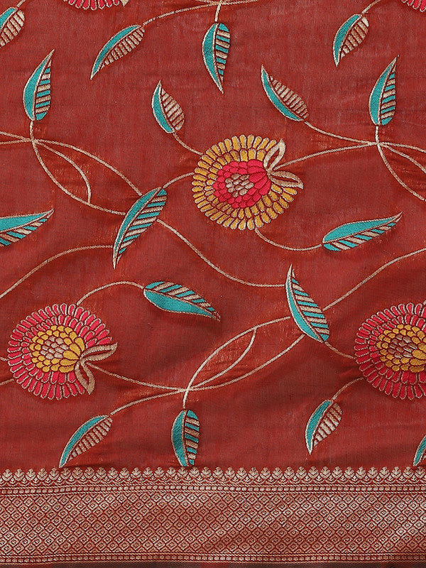 Red Cotton Blend Woven Thread Floral Saree with Unstitched Blouse - Hiral Fashion | Grocsy
