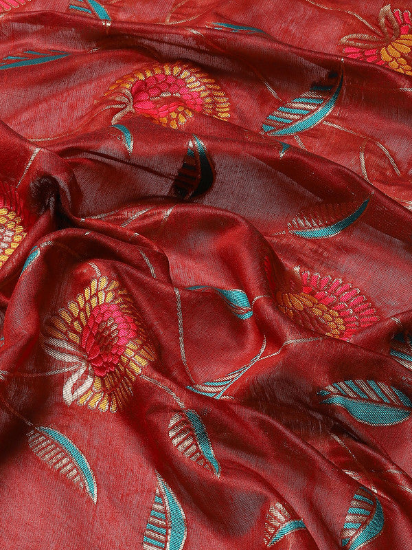 Red Cotton Blend Woven Thread Floral Saree with Unstitched Blouse - Hiral Fashion | Grocsy