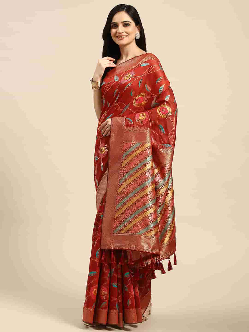 Red Cotton Blend Woven Thread Floral Saree with Unstitched Blouse - Hiral Fashion | Grocsy