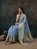 Blue Kota Doria Embroidered Floral Saree with Unstitched Blouse - Hiral Fashion | Grocsy
