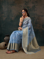 Blue Kota Doria Embroidered Floral Saree with Unstitched Blouse - Hiral Fashion | Grocsy
