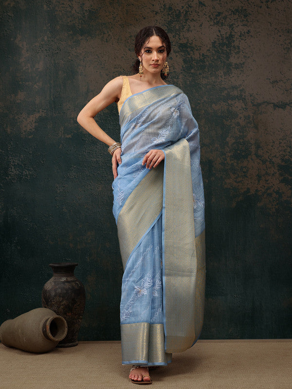 Blue Kota Doria Embroidered Floral Saree with Unstitched Blouse - Hiral Fashion | Grocsy