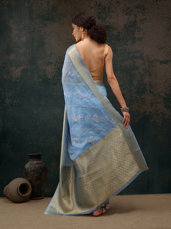 Blue Kota Doria Embroidered Floral Saree with Unstitched Blouse - Hiral Fashion | Grocsy