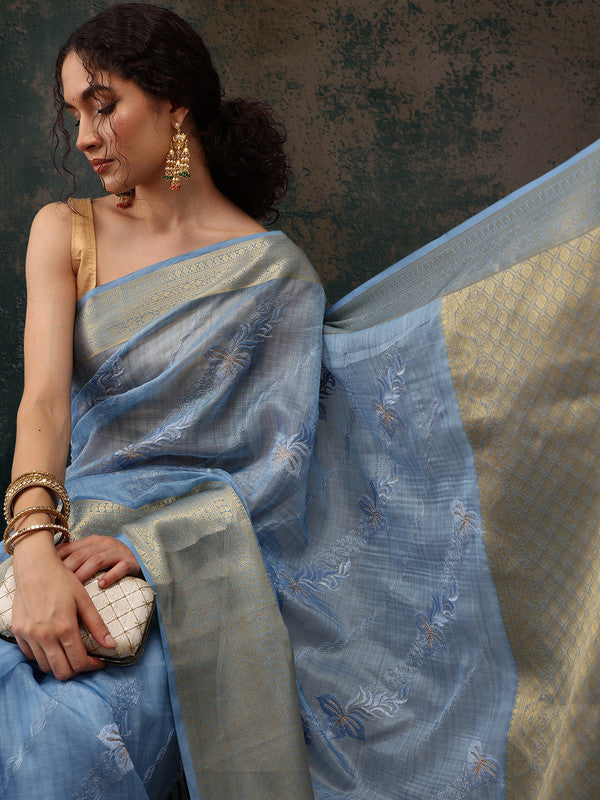 Blue Kota Doria Embroidered Floral Saree with Unstitched Blouse - Hiral Fashion | Grocsy