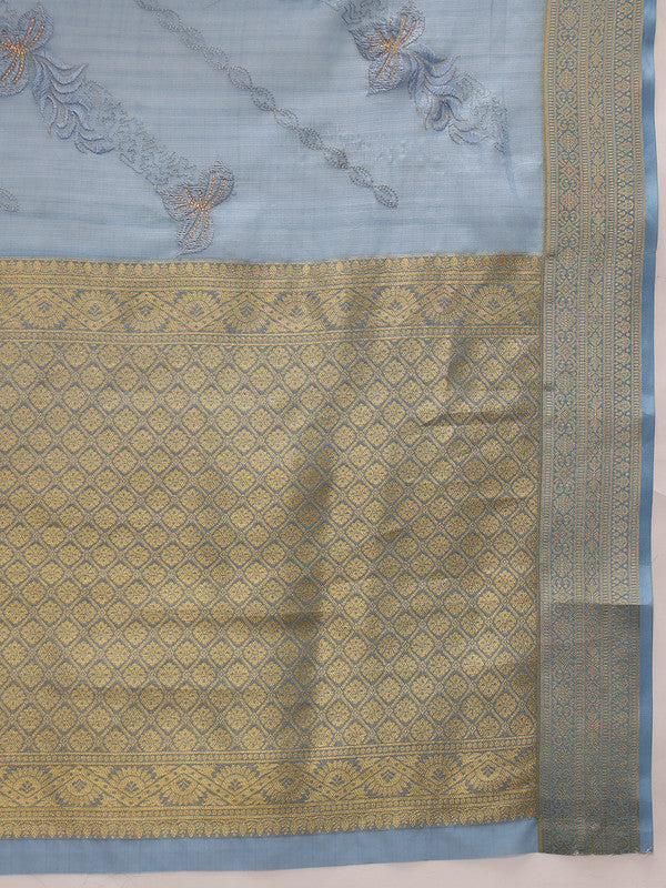 Blue Kota Doria Embroidered Floral Saree with Unstitched Blouse - Hiral Fashion | Grocsy